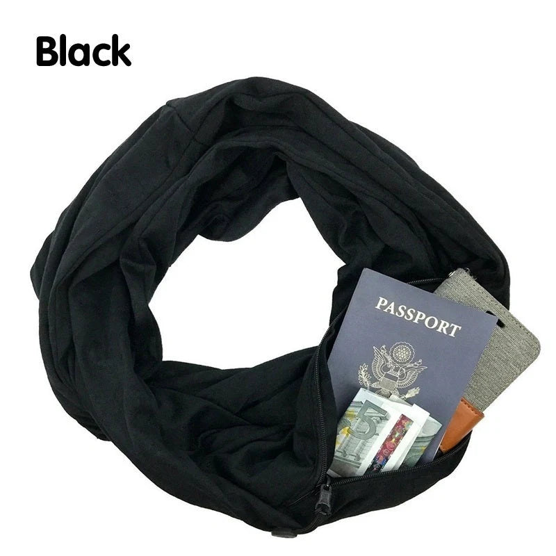 Versatile zipper infinity scarf with hidden pocket, made of soft polyester fabric in classic colors like black, gray, and white.