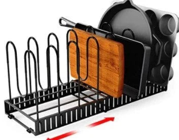 8-Tier Iron Pot Organizer Rack with Adjustable Shelves for Pots, Pans, and Lids in Black Finish