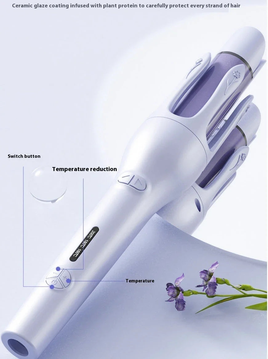 Automatic dual-function hair curler and straightener with left and right rotating barrels, adjustable temperature settings, and safety features for salon-quality styles at home