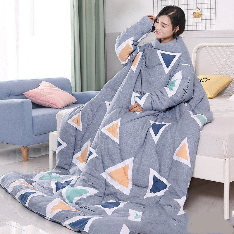 Cozy fleece blanket with sleeves in various colors, perfect for relaxing and enjoying indoor activities