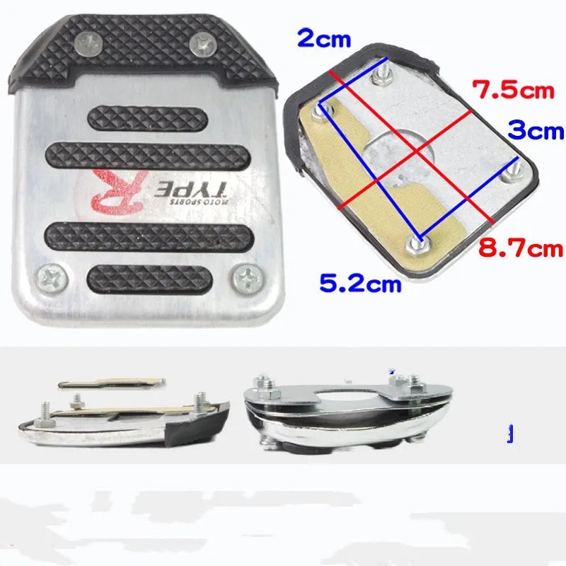 Metal motorcycle brake pedal skid plate showing Foot Pedal, Square Foot Pedal, and Small Brake Plate style options