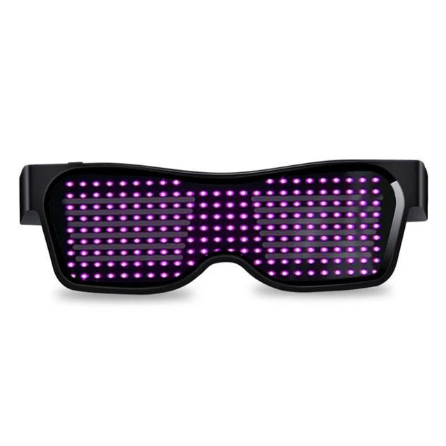 Bluetooth-enabled LED party glasses with dynamic, flashing light effects in multiple vibrant colors