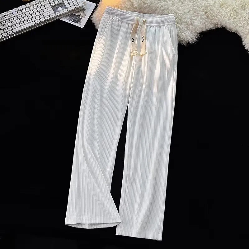 Men's loose-fit straight-leg casual trousers in black cotton ice silk fabric