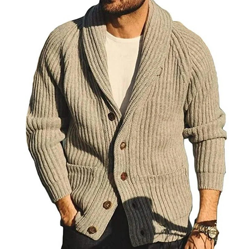 Men's knitted cardigan sweater in khaki color with button closure and pockets