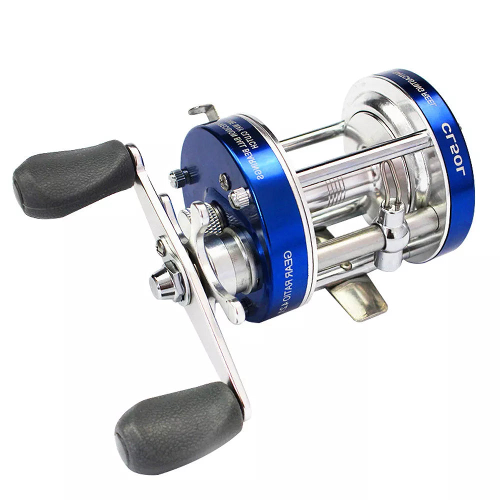 Metal Double Brake Drum Leiqiang Wheel Boat Fishing Reel in gun color, gold, and blue options