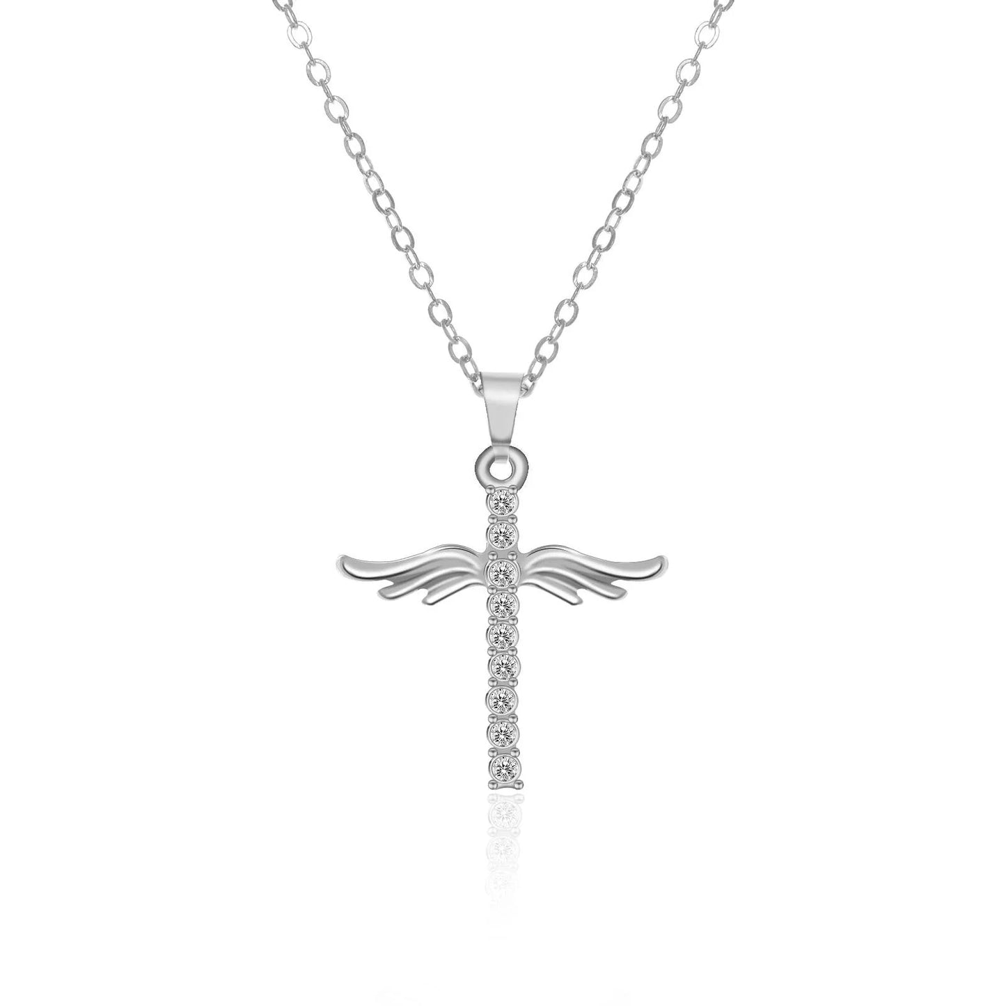 Elegant Angel Wings Cross Pendant Necklace with Adjustable Stainless Steel Chain in Gold and Silver Tones