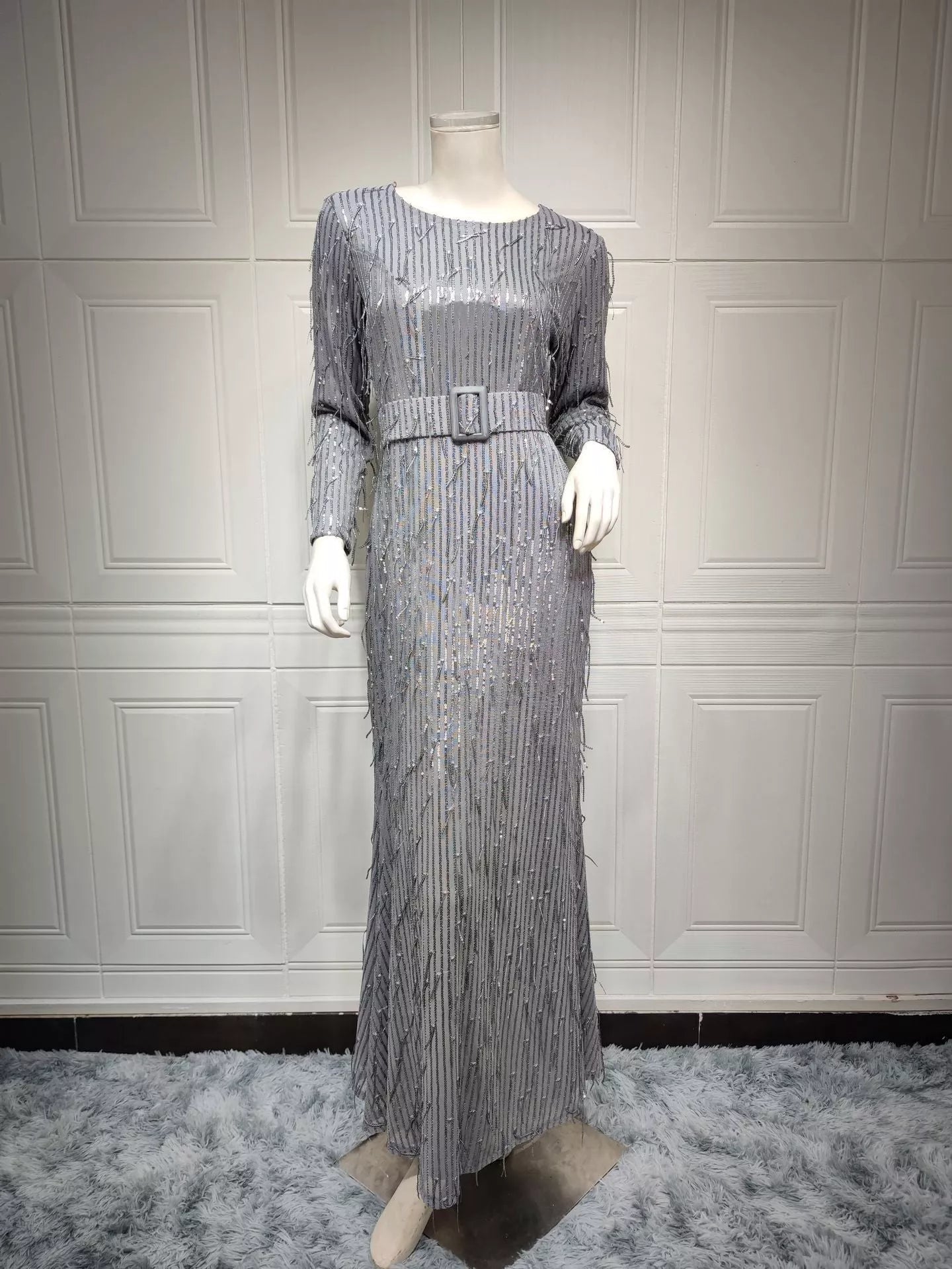 Sequin Tassels Slim-fit Muslim Dress in gold and silver with unique detailing