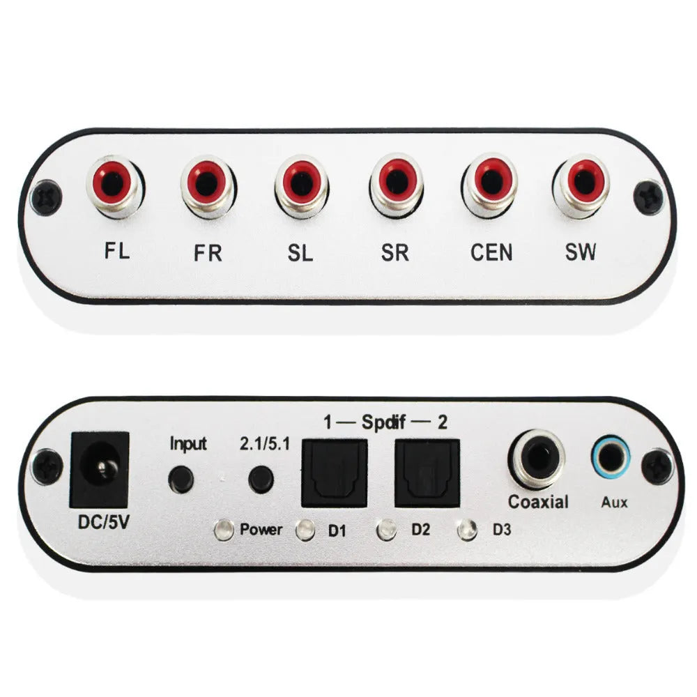 Compact black DTS Dolby Digital AC-3 audio decoder with optical and coaxial inputs for 5.1 channel surround sound conversion.