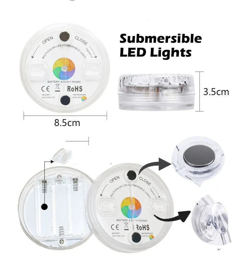 Radiant Underwater LED Lights in various aquatic settings, including pools, fountains, and spas