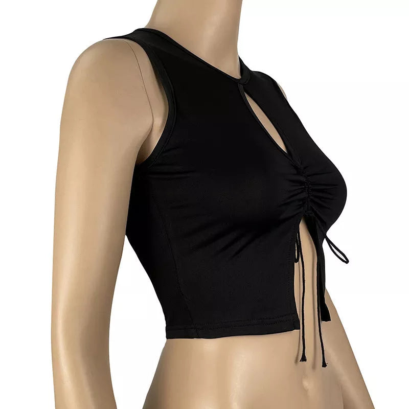 Black slimming tight knit top with split neckline and adjustable drawstring