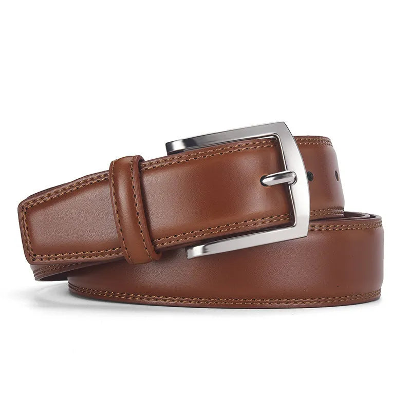 Men's black leather belt with a silver alloy pin buckle laid flat showing its length and width
