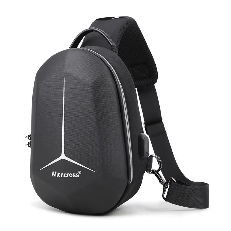Waterproof Oxford cloth chest bag in black, shown with dimensions and capacity for iPad and travel essentials.