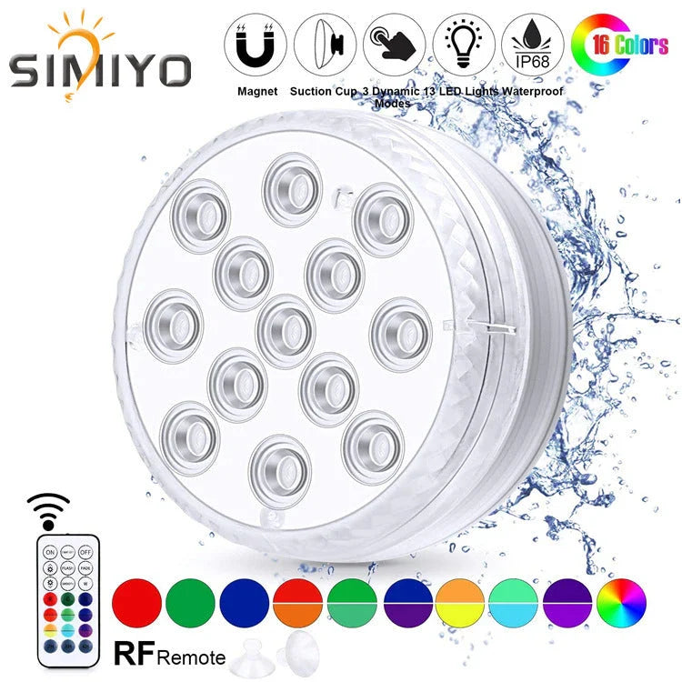 Radiant Underwater LED Lights in various aquatic settings, including pools, fountains, and spas