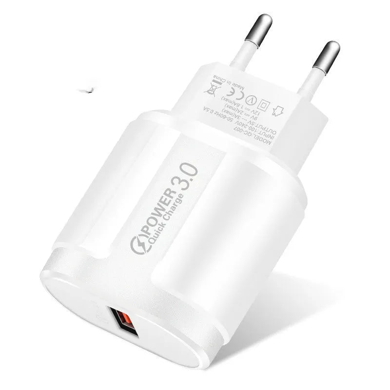 Smart mobile phone charger in black or white with compact 20mm × 40mm × 65mm dimensions showing international plug options
