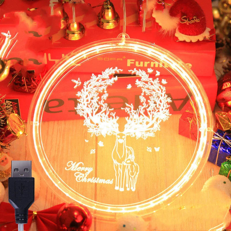 Elegant 3D hanging Christmas lamp with various festive designs, including bells, snowflakes, and Christmas trees.
