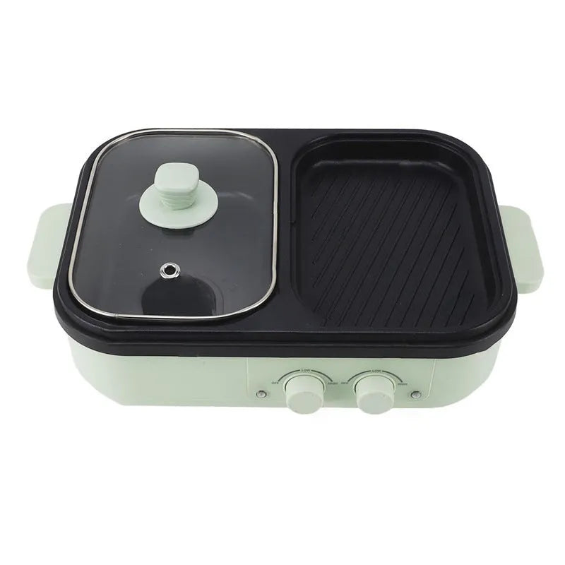White or green dual-function electric hot pot and frying oven appliance with mechanical controls