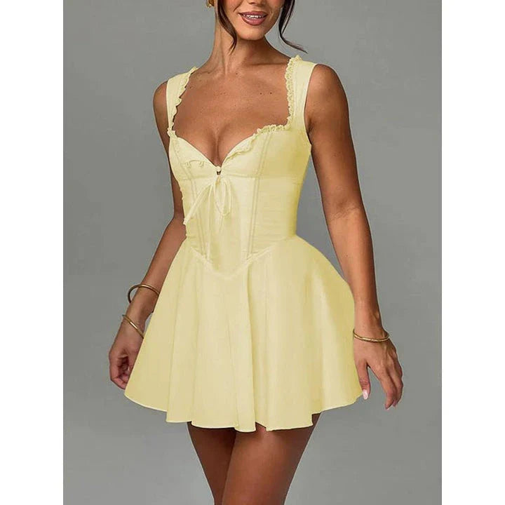 Elegant summer A-line party dress with lace-up detail, featuring a chic square neckline, sleeveless spaghetti straps, and a flattering silhouette.