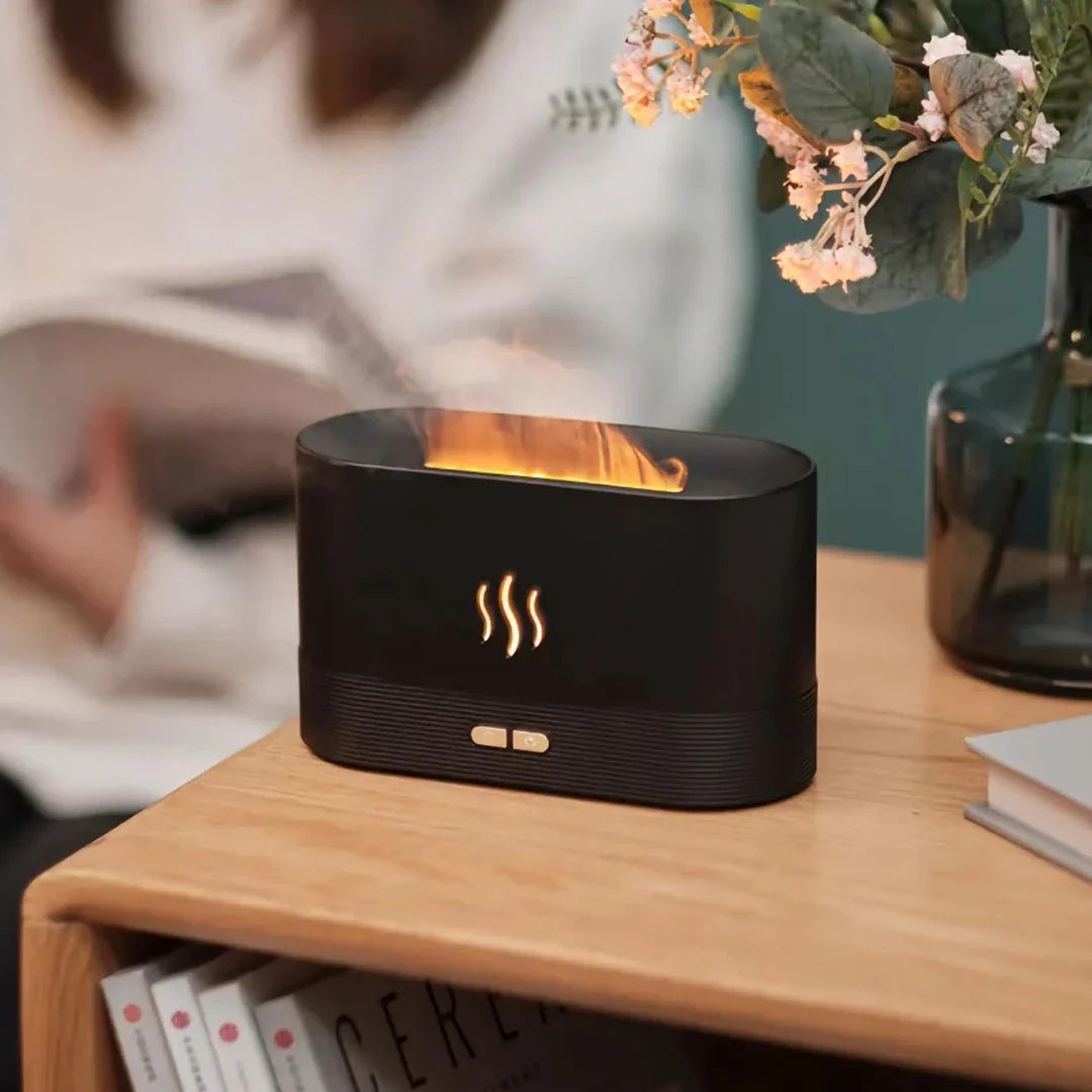 Aromatic Flame Diffuser & Ultrasonic Humidifier with USB Power, creating a soothing oasis with its flame-like effect and therapeutic mist.