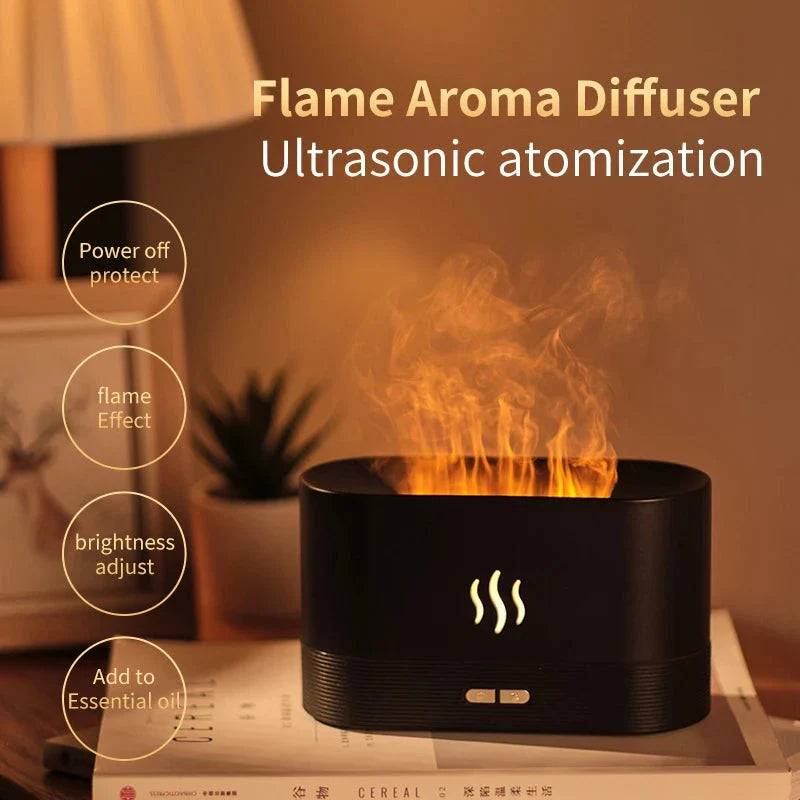 Aromatic Flame Diffuser & Ultrasonic Humidifier with USB Power, creating a soothing oasis with its flame-like effect and therapeutic mist.