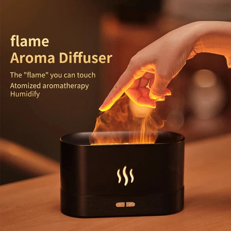 Aromatic Flame Diffuser & Ultrasonic Humidifier with USB Power, creating a soothing oasis with its flame-like effect and therapeutic mist.