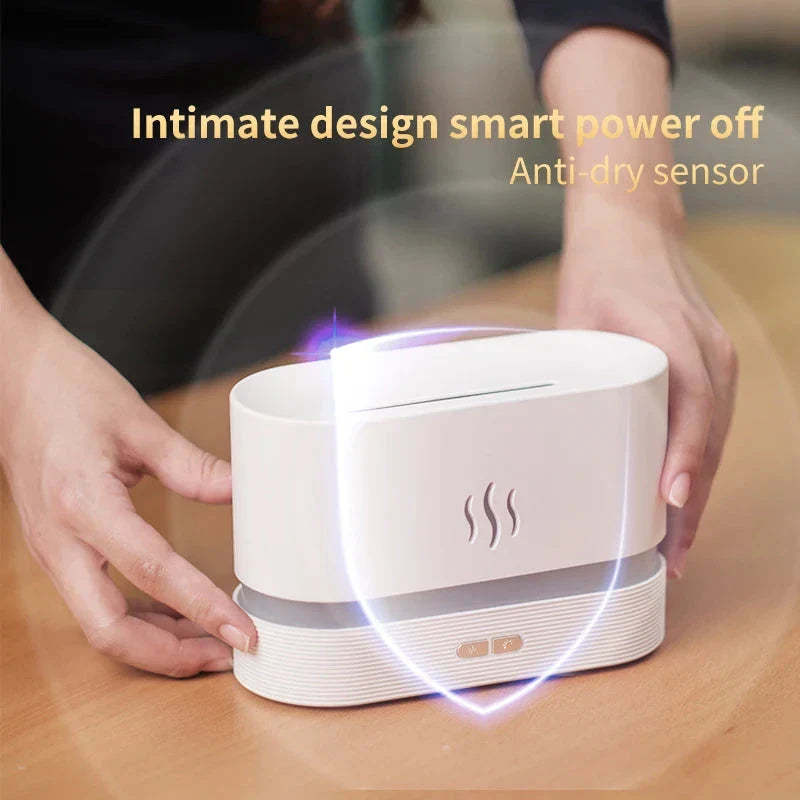 Aromatic Flame Diffuser & Ultrasonic Humidifier with USB Power, creating a soothing oasis with its flame-like effect and therapeutic mist.