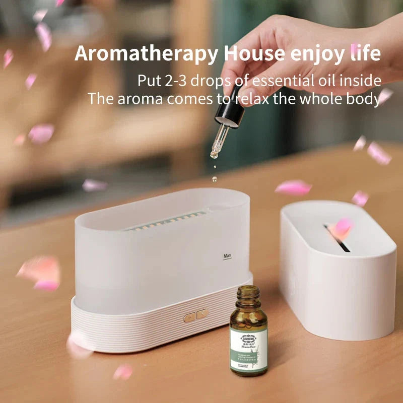 Aromatic Flame Diffuser & Ultrasonic Humidifier with USB Power, creating a soothing oasis with its flame-like effect and therapeutic mist.