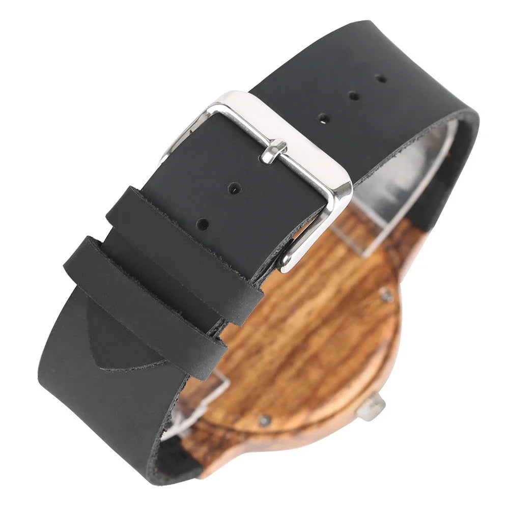 Casual wooden men's watch with a broken leaf dial design, featuring a premium wooden case and a comfortable leather strap