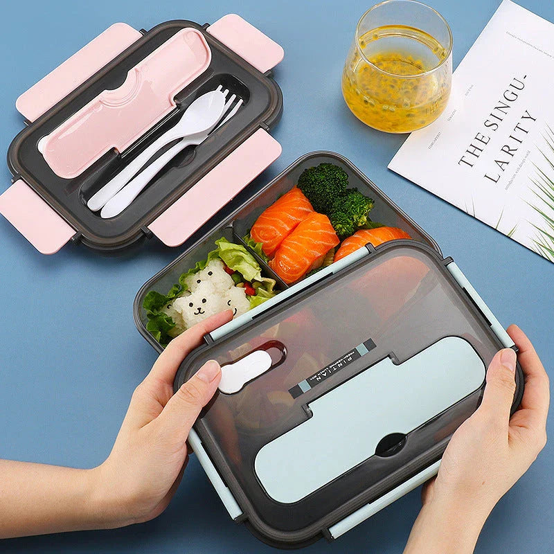 Versatile bento-style lunch box with multi-compartment design, flexible locking system, and included utensils for on-the-go meals