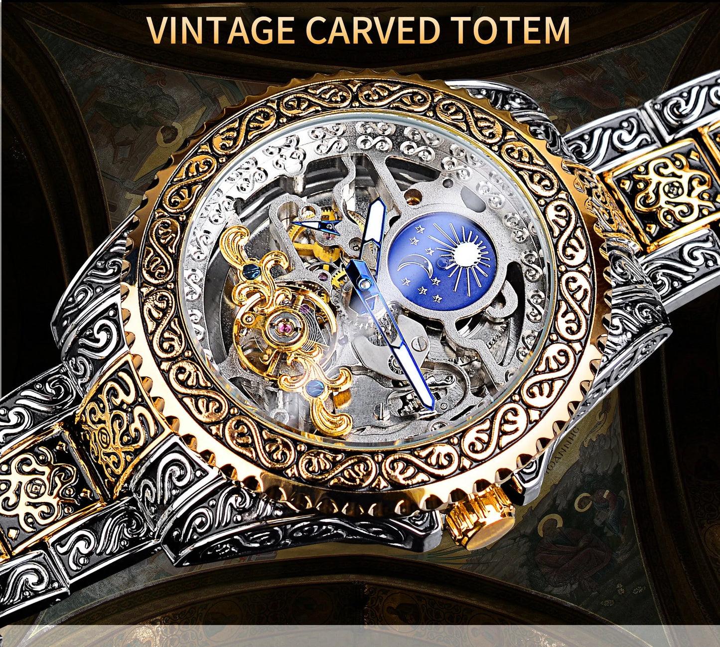 Forsining yellow stainless steel skeleton tourbillon automatic watch with 44mm case.