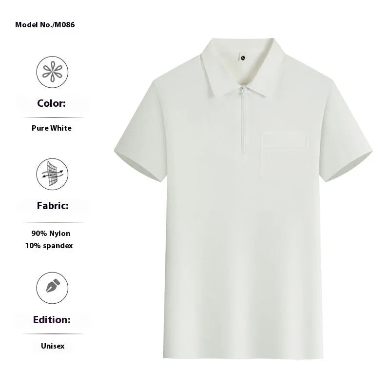 Short sleeve grey nylon work shirt with lapel zipper pockets and tooling culture design