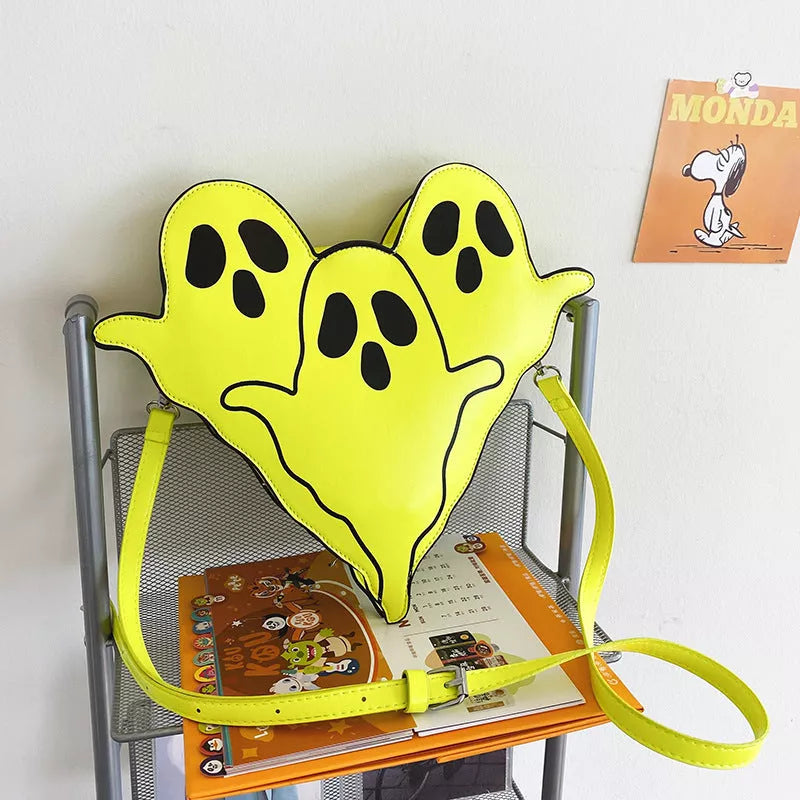Halloween 3D ghost design PU crossbody bag for women in white, black, and green