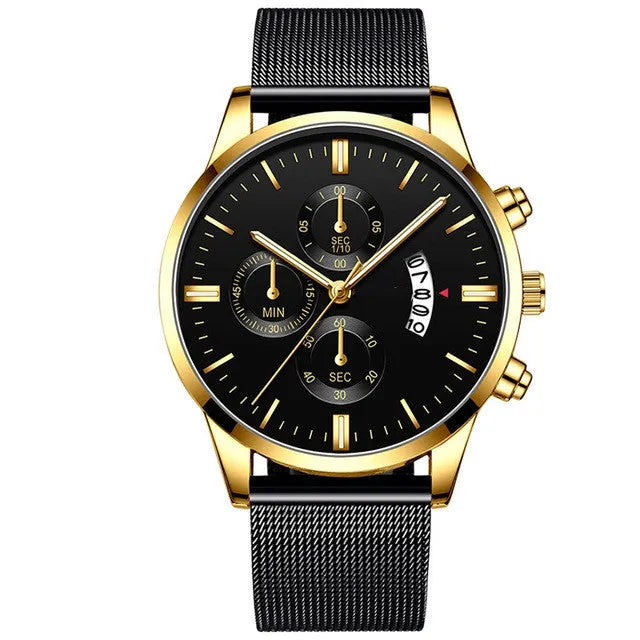 Men's stainless steel mesh band quartz watch showing two-tone colour options on a 4.2cm case.