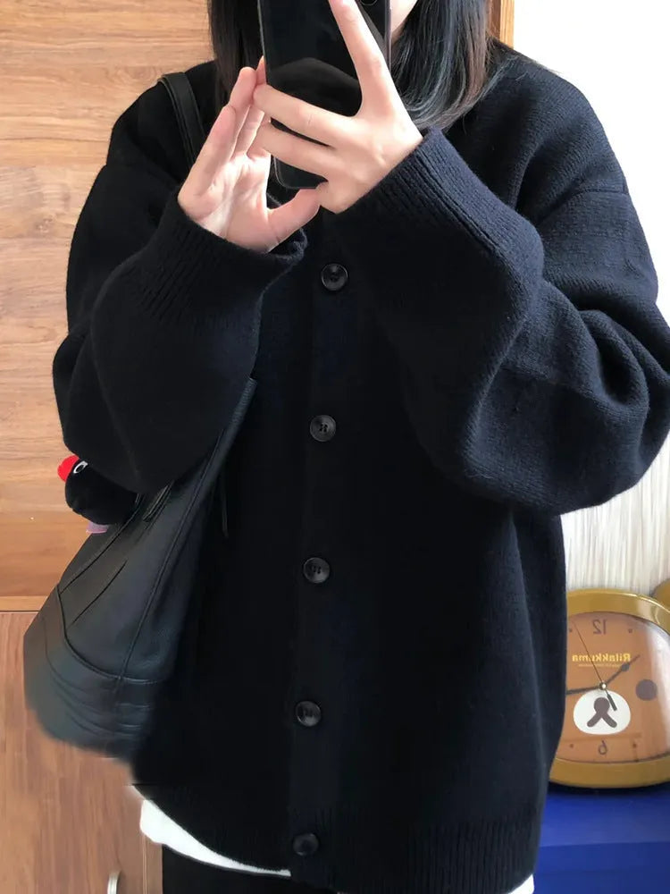 Black cotton cardigan sweater coat for women, long sleeves, medium thickness, Japanese Korean style, sizes S to XL