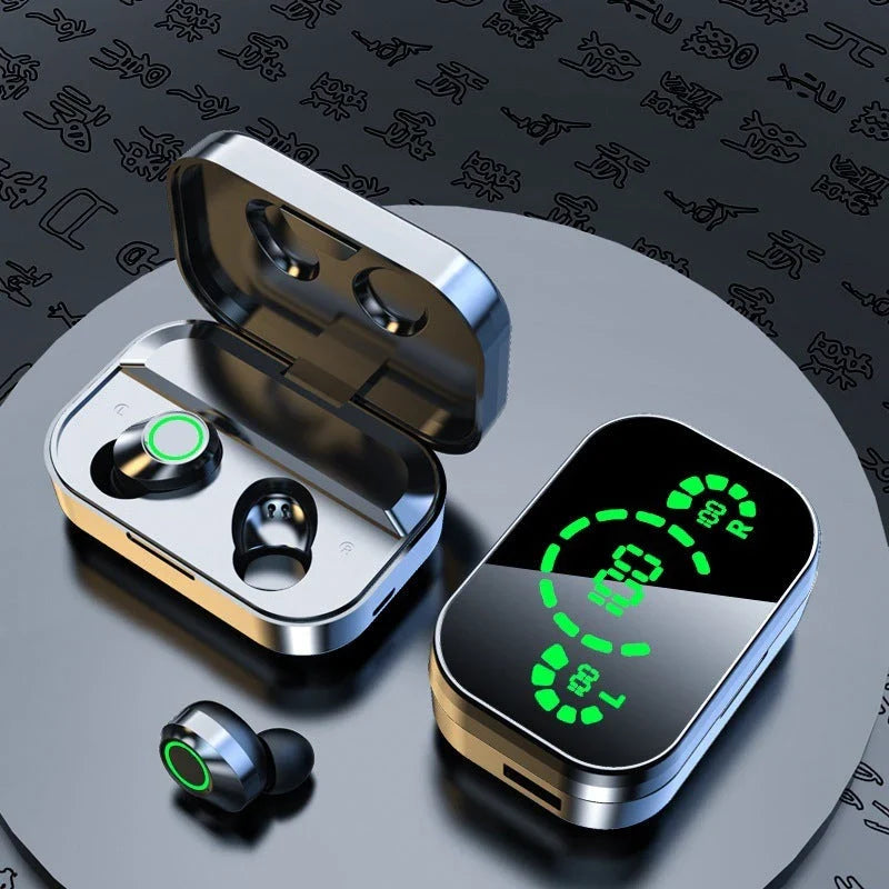 Premium wireless Bluetooth earbuds with smart digital display, noise-cancelling microphone, and graphene composite diaphragm for superior sound quality