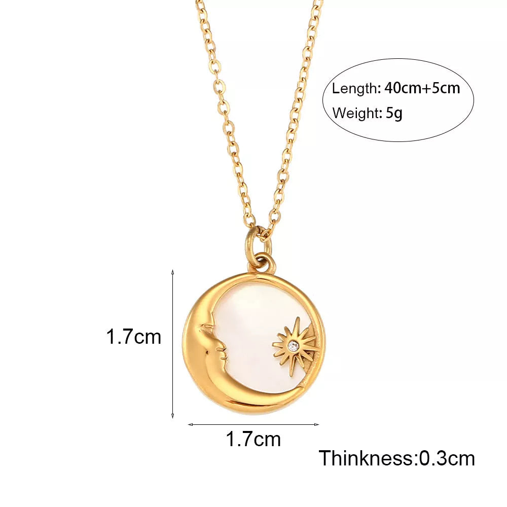 Gold shell moon and star pendant necklace with adjustable stainless steel chain