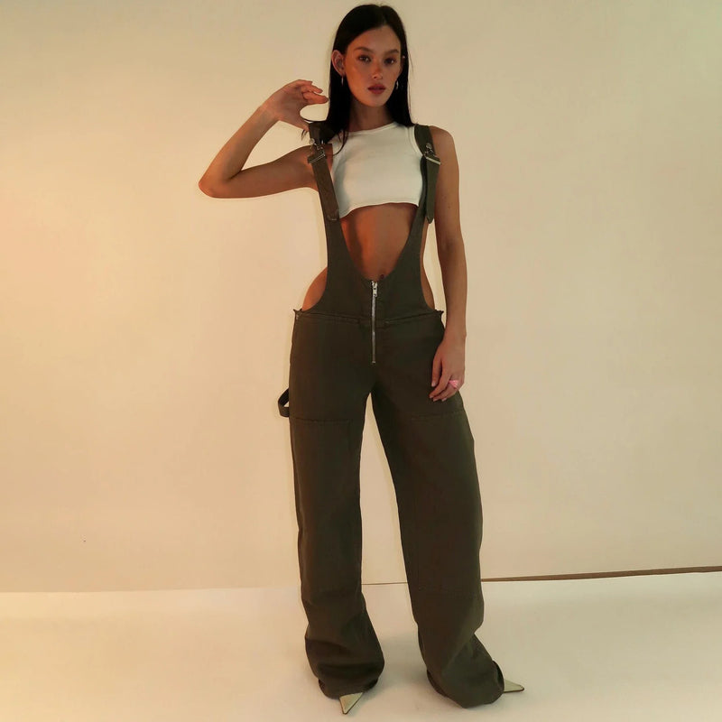 Y2K Denim Overalls with Pockets - Fashionable Loose Fit Jumpsuit