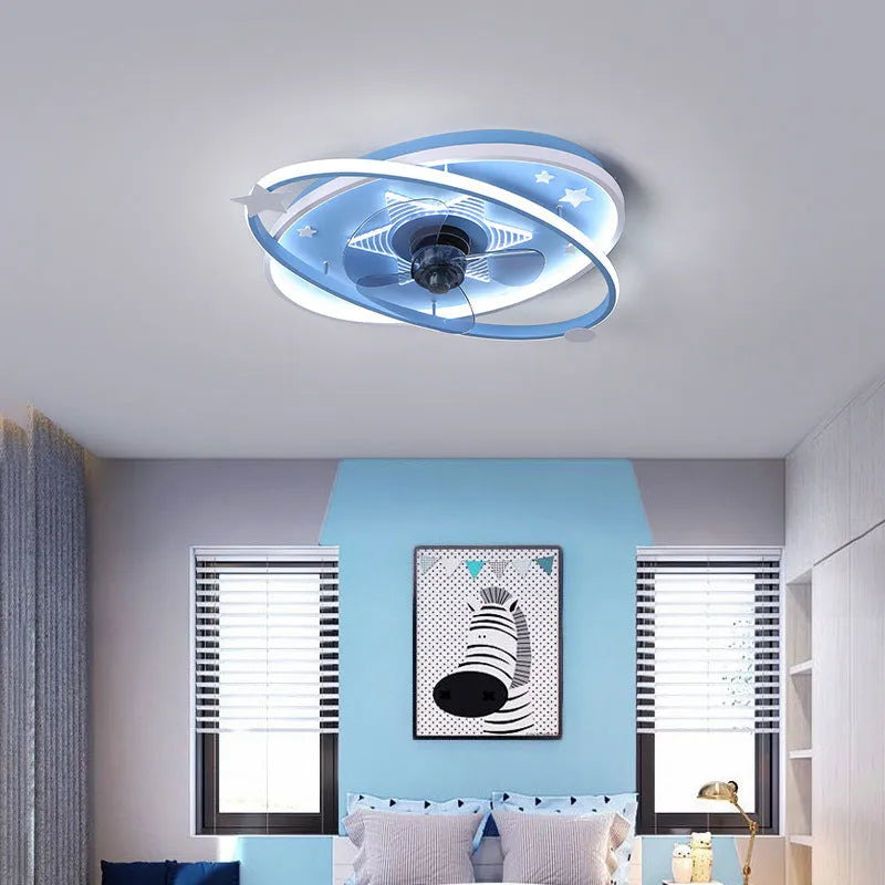 Modern children's bedroom ceiling fan with integrated LED light and remote control in blue colour option