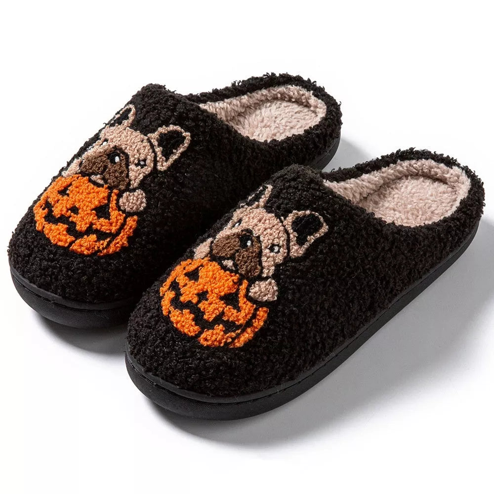 Halloween Pumpkin House Slippers in white and black with non-slip soles