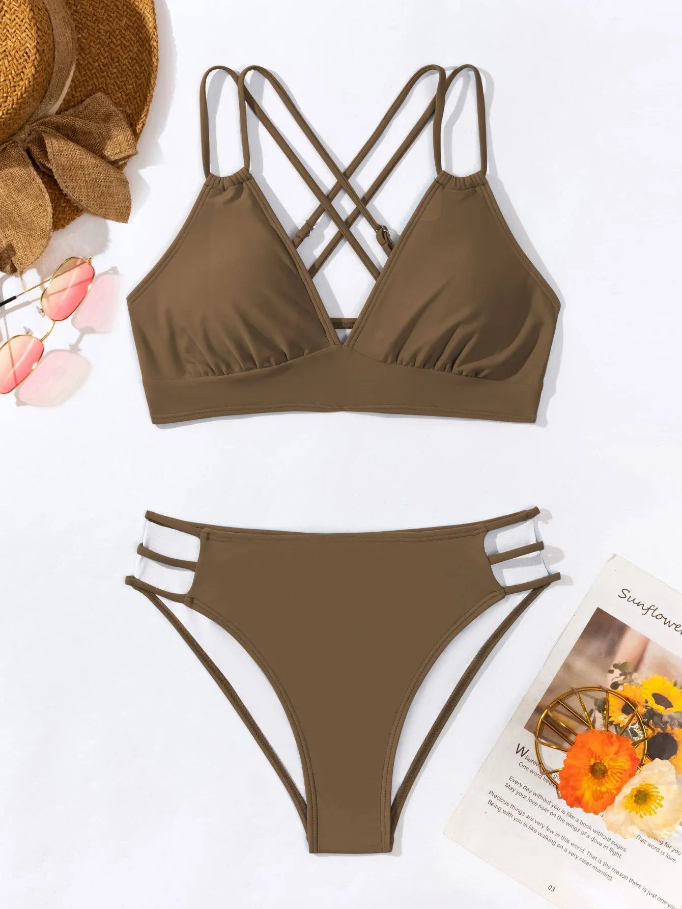 Women's V-neck halter bikini swimsuit with split shorts in nylon fabric