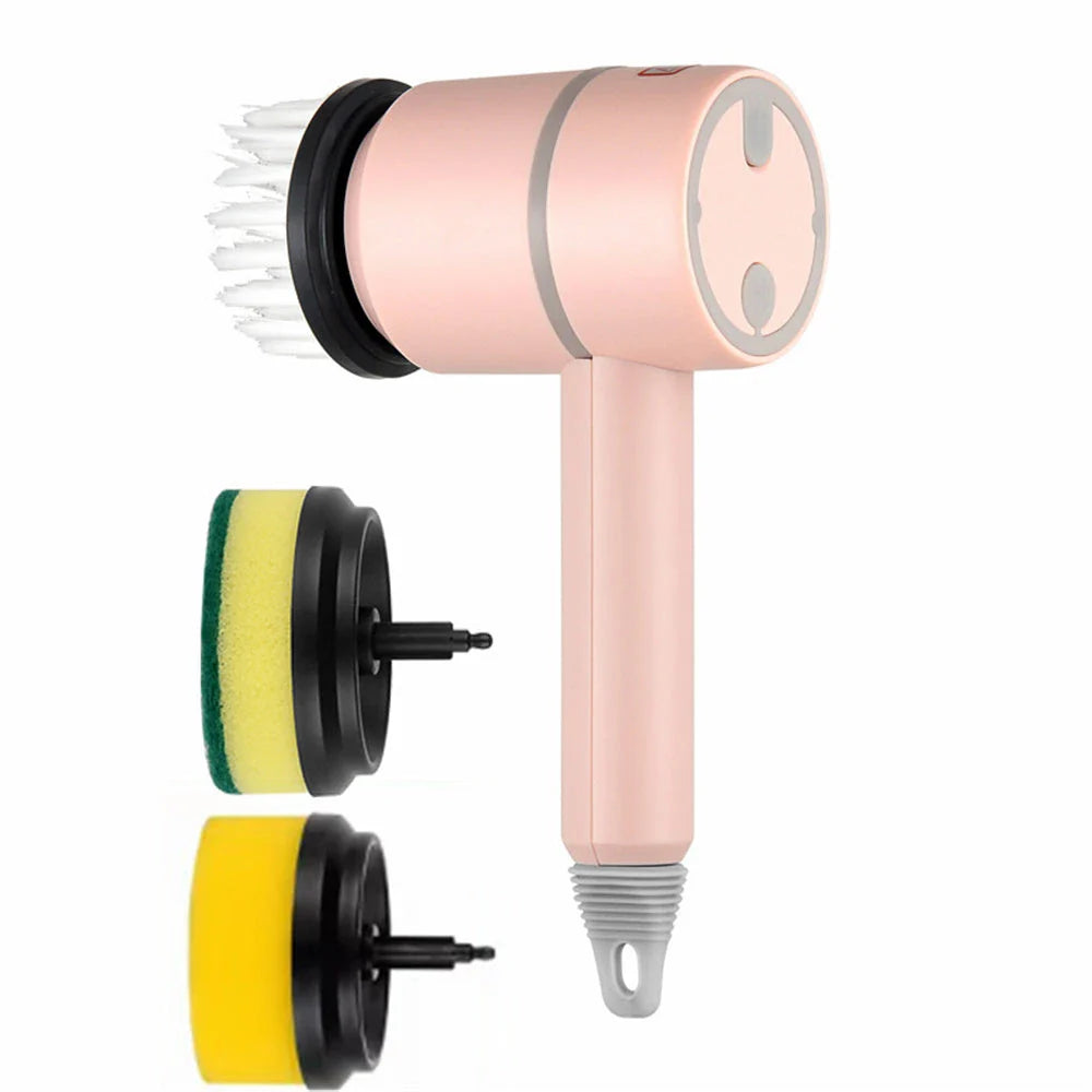 Cordless electric scrub brush with interchangeable brush heads for cleaning kitchens, bathrooms, tiles, and more