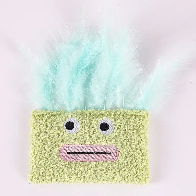 Catnip plush toy with funny explosion head shape and big mouth design in blue, green, orange, or purple colours