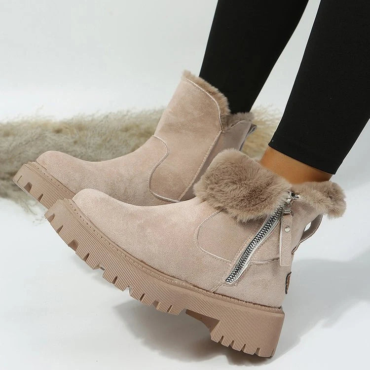 Women's Foldable Plush Tube Snow Boots in black and khaki with round toe and platform