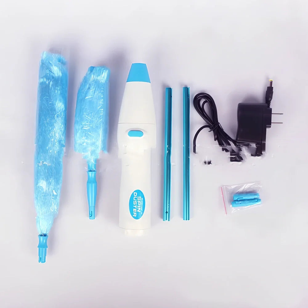 Motorised hand duster with electrostatic bristles cleaning ceiling fan blades