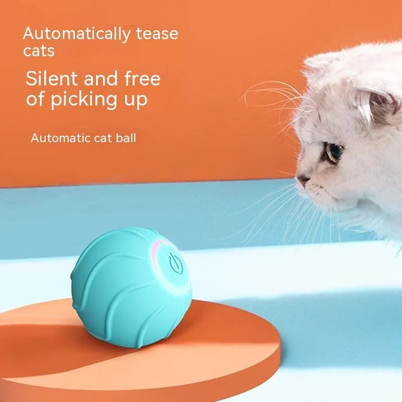 Automatic self-rolling interactive cat toy ball in blue, red, and pink colors with USB charging and bouncing action to engage cats