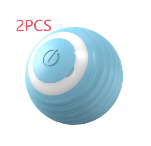 Blue automatic cat toy ball bouncing on floor with silicone construction and rechargeable design