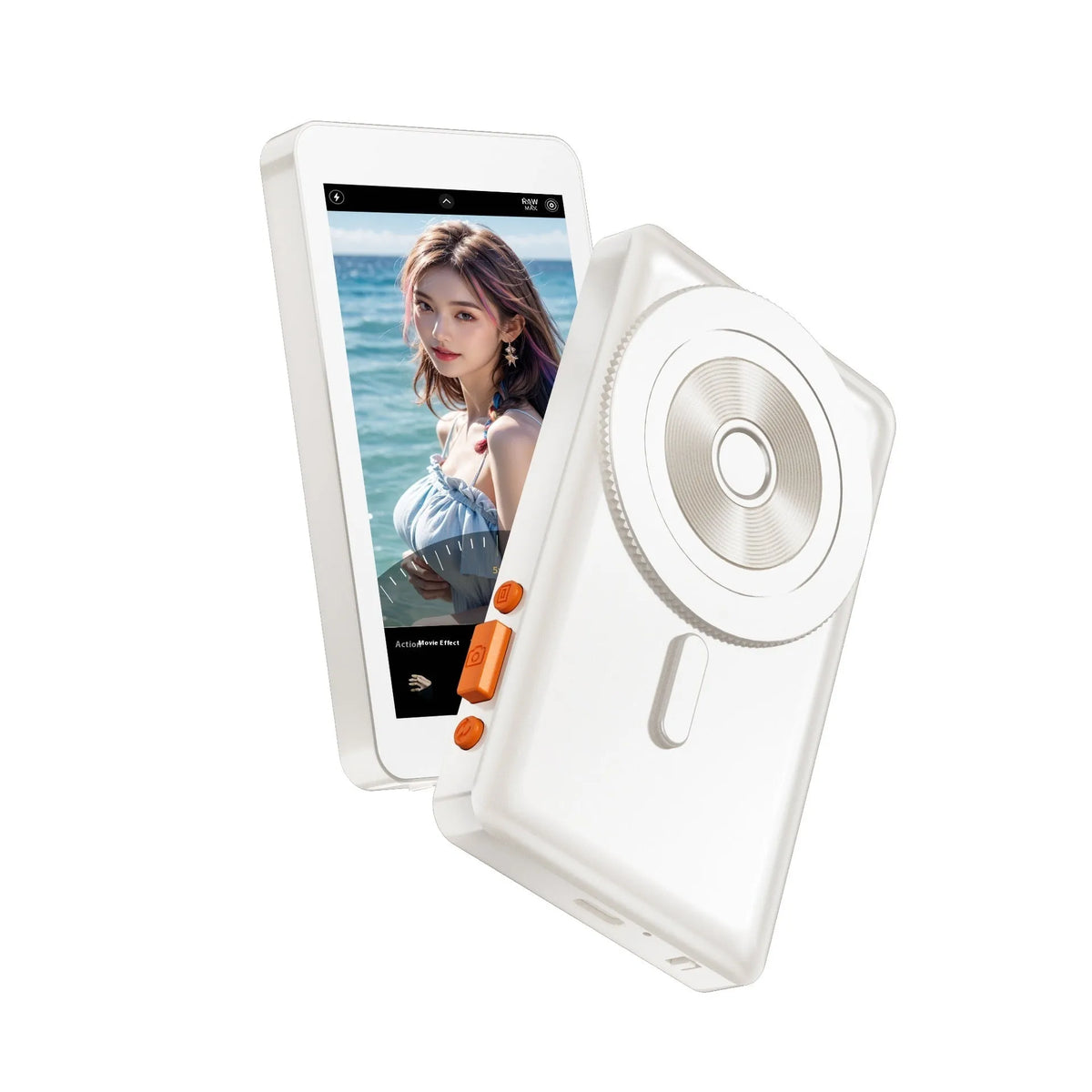 4-inch wireless selfie multi-monitoring device with magnetic mount, plastic body, black and white options.