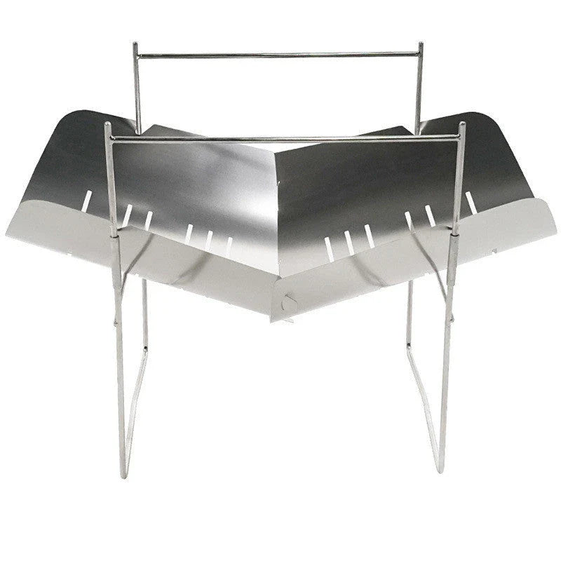 Portable folding outdoor camping stove with grill, made of titanium and stainless steel for durable and versatile outdoor cooking