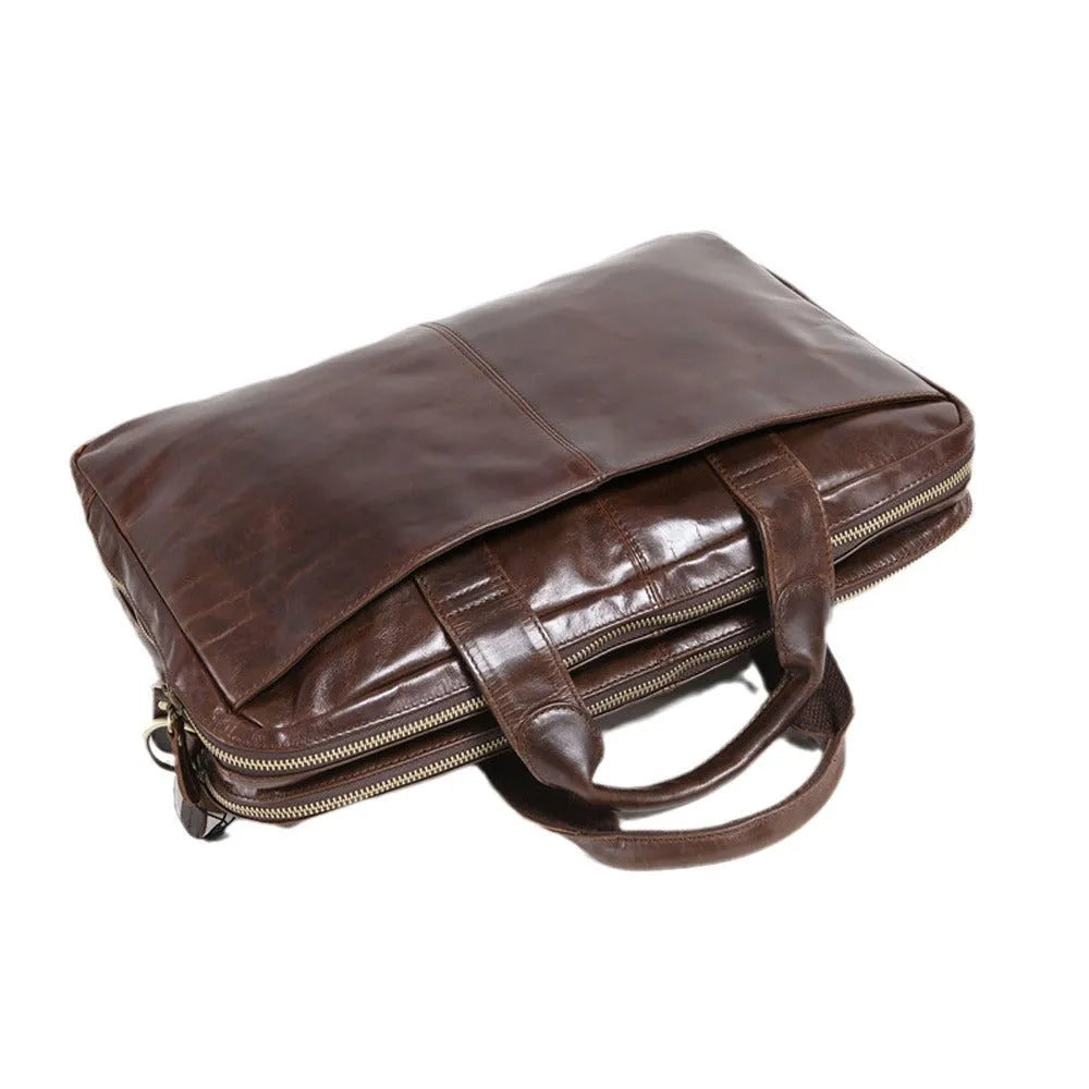 Brown men's leather business briefcase with an 18-inch size and polyester cotton lining.