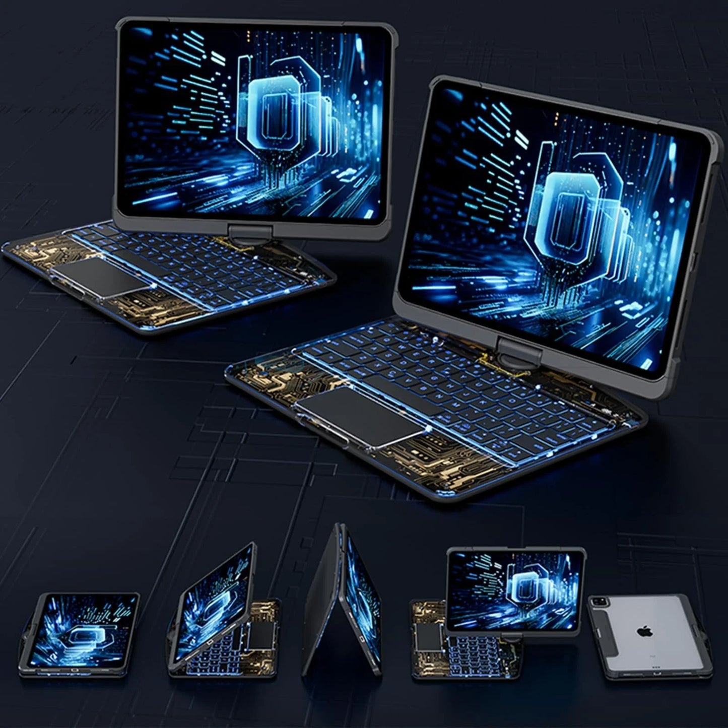 Versatile iPad keyboard cover with 360-degree rotation, silent buttons, and pen slot for enhanced productivity and style