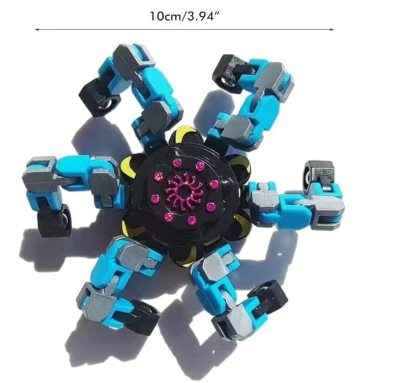 Transformable fidget spinner chain toy in various colors, including blue, red, and yellow, with a suction cup for hands-free spinning